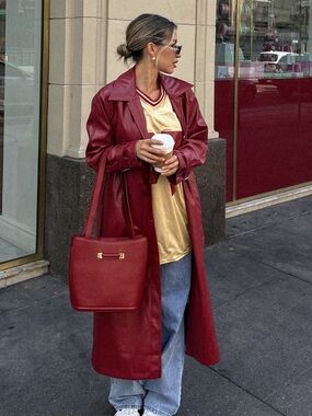 Danier Deep Red Leather Midi Trench Coat